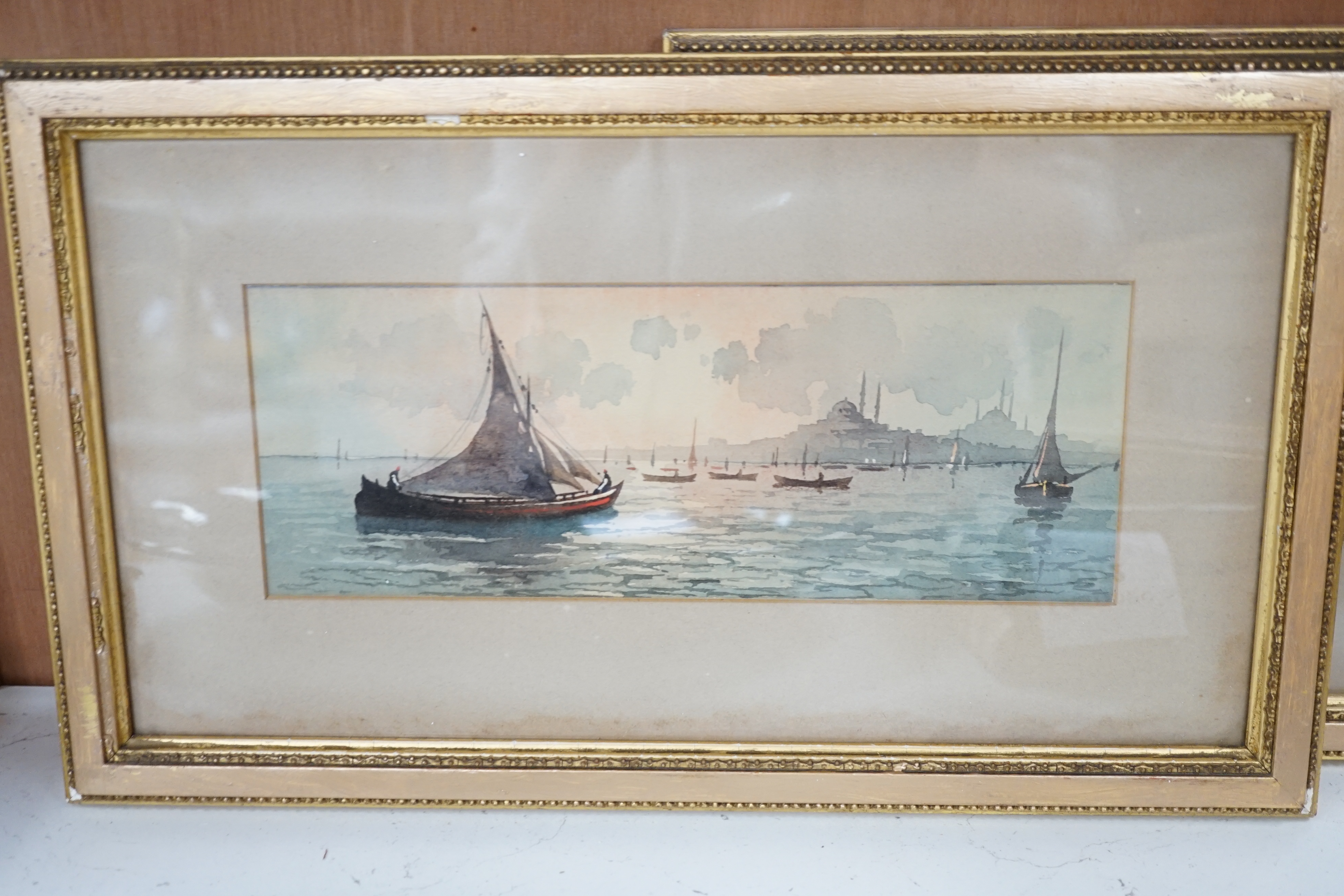 Alice Mary Hobson (1860-1954), three watercolours, 'San Stephano by moonlight from Pasha side' and 'Stanboul (Golden Horn)', inscribed in pencil 'Mary Hobson', 10 x 28cm and 9 x 17.5cm